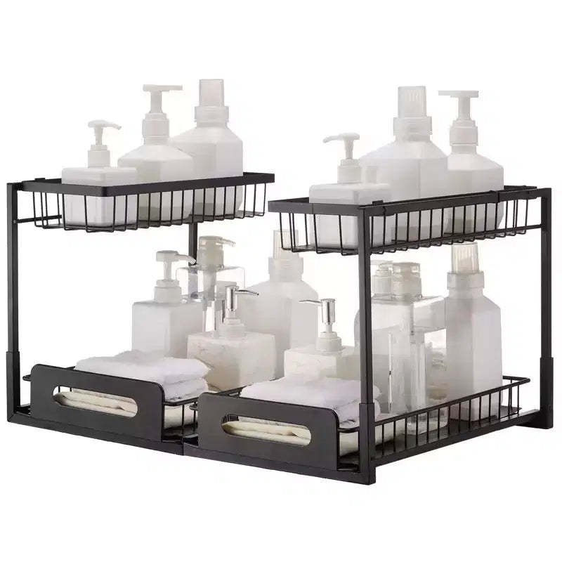 VIYET 2-Tier Pull Out Cabinet Organizer 2-Pack, 13H, Under Sink Storage Wire Basket Slide Out Drawer,black