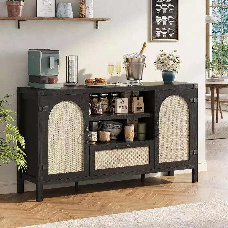 Buffet Cabinet, 47 Inch Rattan Storage Sideboard with Adjustable Shelves & Drawer, Boho Farmhouse