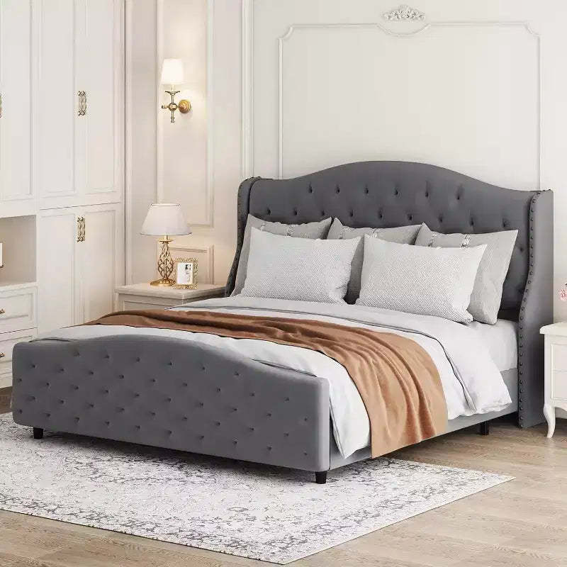 Queen Size Tufted Upholstered Platform Bed Frame with Raised Wing Back Headboard, Mattress Foundation & Wood Slat Support, No Box Spring Needed, Gray