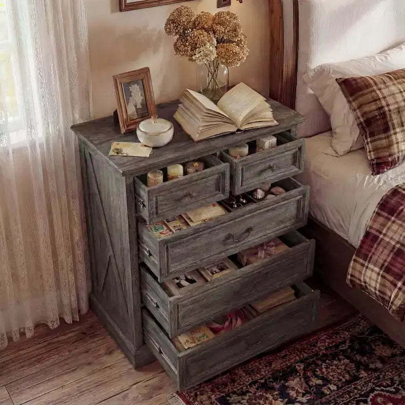 Famapy Farmhouse Nightstand Bedside Table 5-Drawer Chest Dresser with Antique Bronze Knobs,for Bedroom Storage Distressed Chest of Drawers
