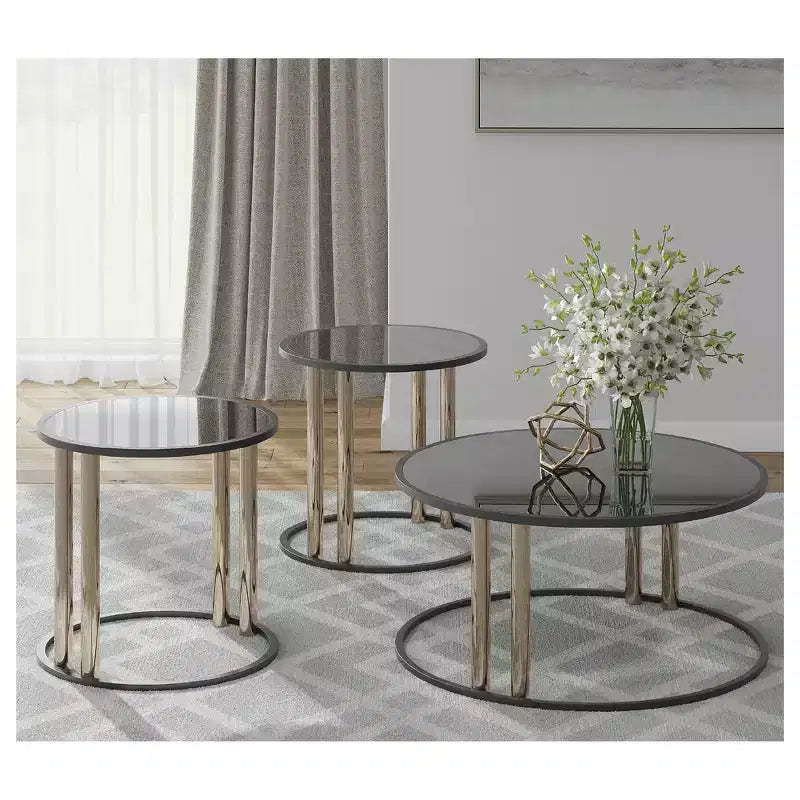 Signature Design by Ashley Hannerly Occasional Table Set, Coffee Table and 2 End Tables, Black Glass with Goldtone Metal