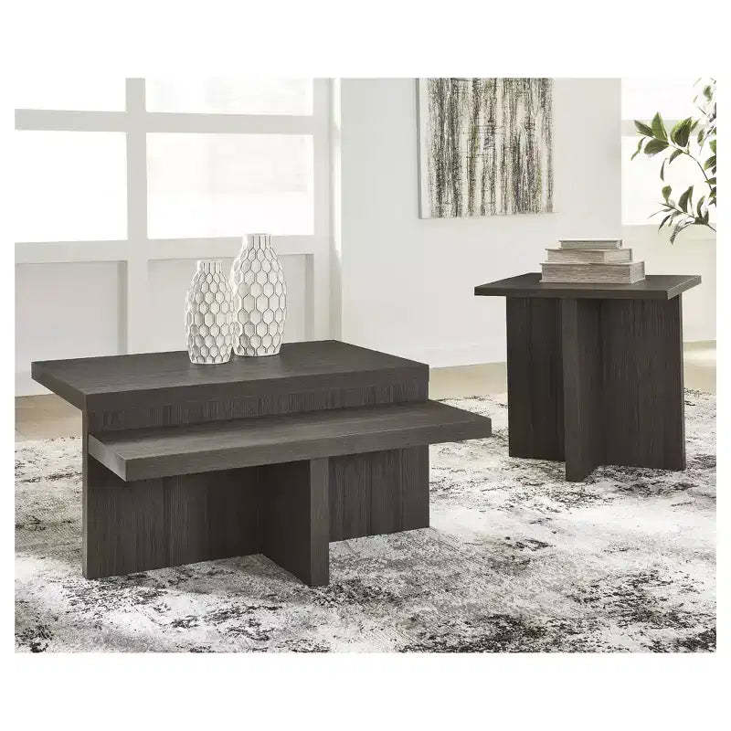Signature Design by Ashley Zendex Occasional Table Set, Coffee Table and End Table, Dark Brown Wood Grain
