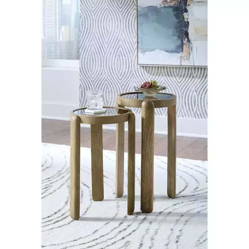 Signature Design by Ashley Jossor Accent Table Set, Mango Wood with Glass Tops, Light Brown