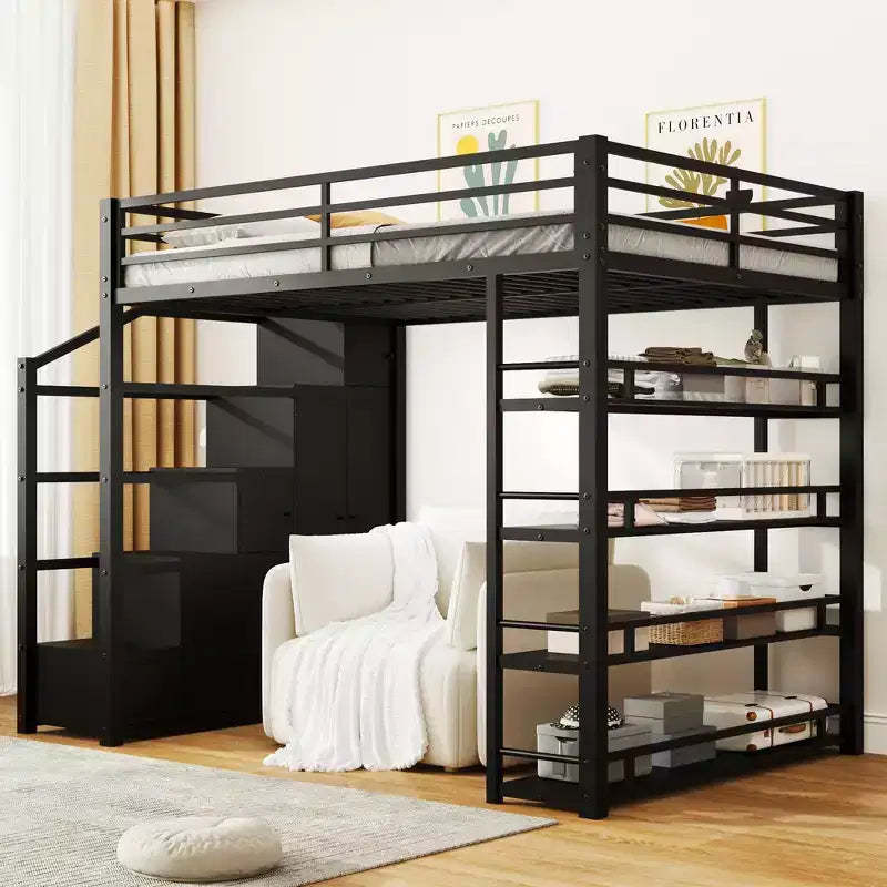 Whisen Full Size Loft Bed with 4-Tier Shelves & Stair Storage, Safe & Easy to Assemble(Upgraded) - Black