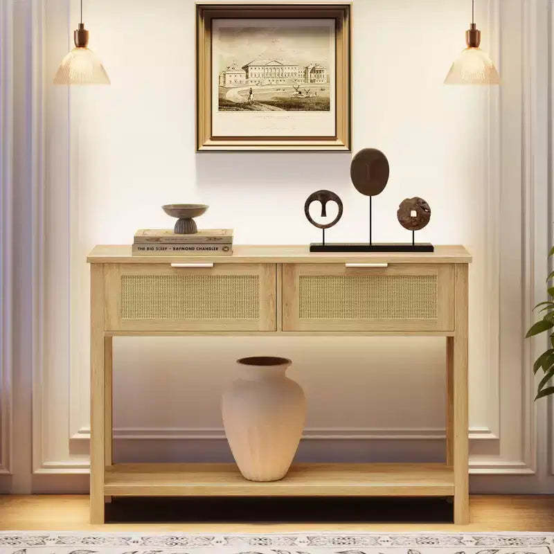 Bohemian style rattan double-drawer side table with double-layer wooden storage shelf  entryway/foyer decorative furniture, natural wood color.