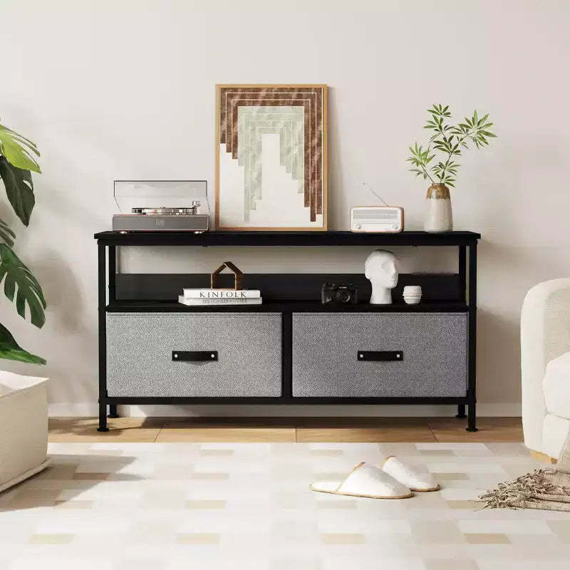 TV Stand Fits for 32 to 55 Inch TVs- 2 Fabric Drawers, Small Media Console with Open Compartment and Adjustable Feet for Bedroom Living Room