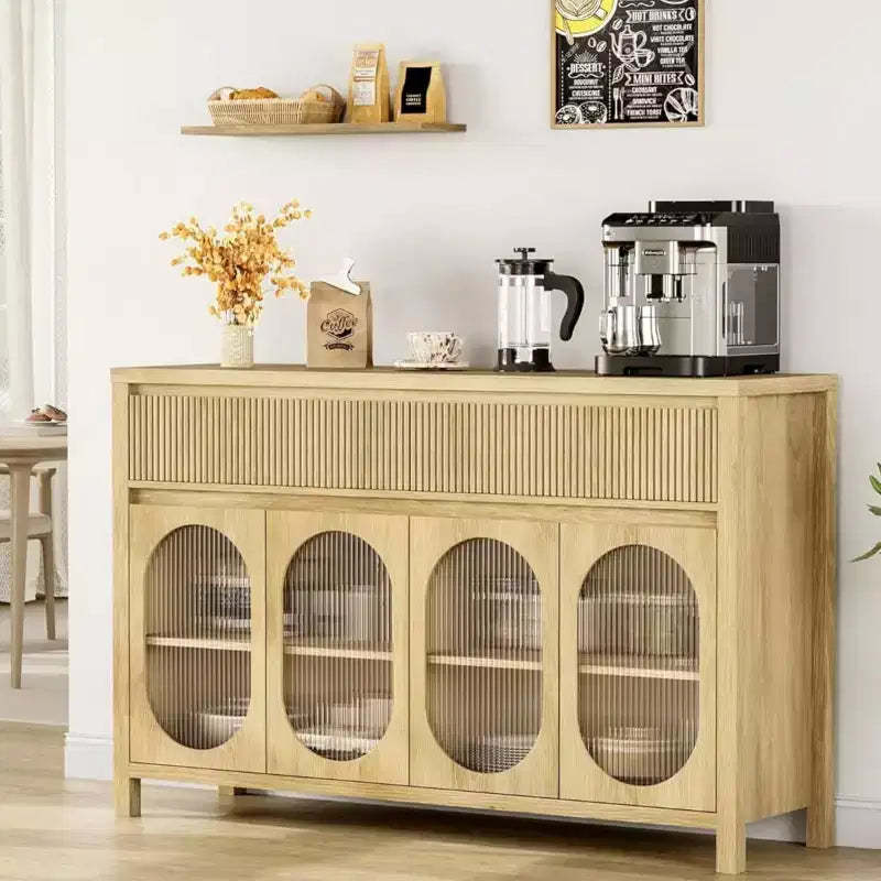 Sideboard, 55 Inch Buffet Cabinet with Storage, Modern Farmhouse Coffee Bar with 4 Oval Glass Doors & 2 Drawers, Natural