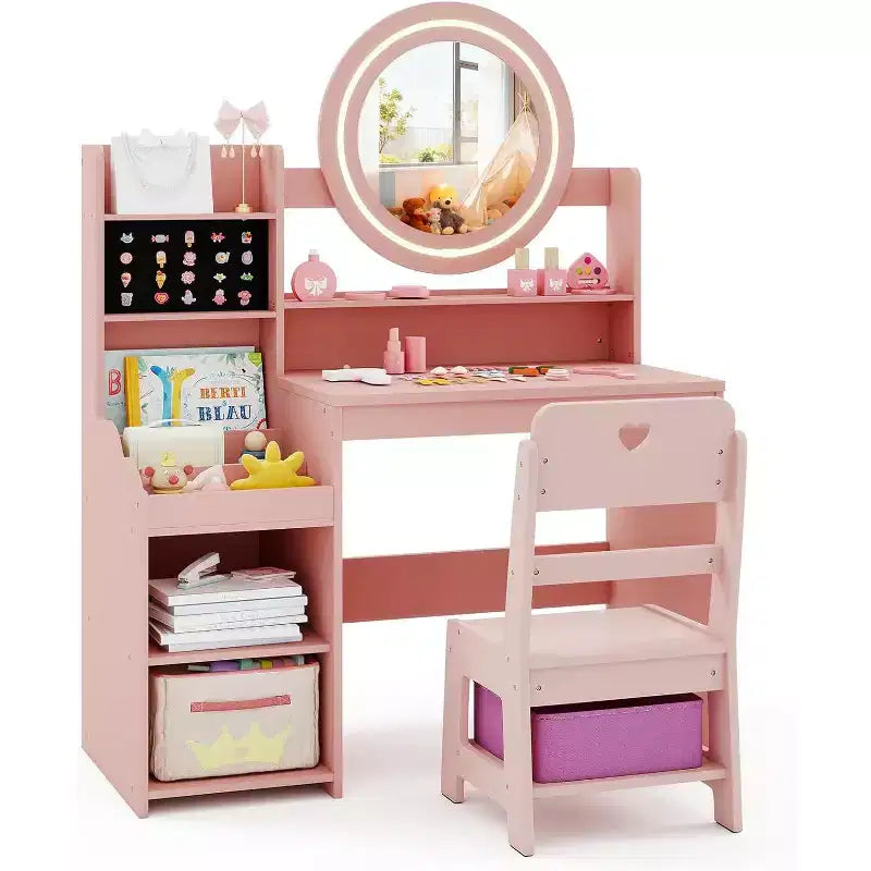 BALHAM TRADE-Kids Vanity with Lights Jewelry Storage Open Shelves 2 in 1 Toddler Vanity Table Chair