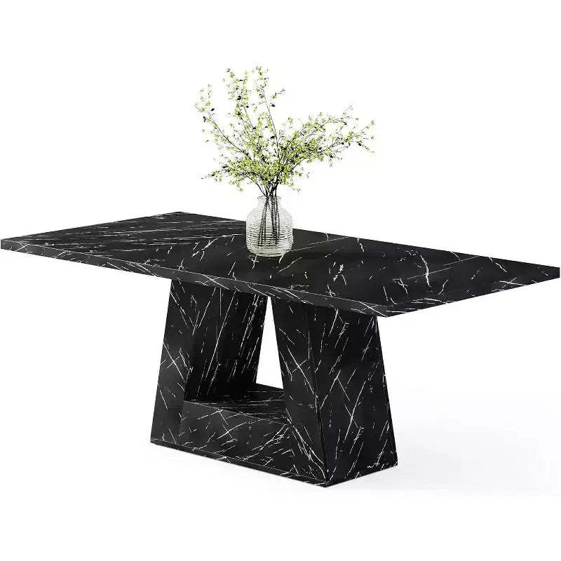 Lantine 63-Inch Dining Table for 4-6 People, Dining Room Table with Wooden Triangle Pedestal Base for Kitchen, Living Room, Black Faux Marble