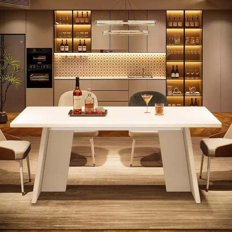 Lantine 63-Inch White Dining Table, Modern Kitchen Table with Glossy Tabletop and Double Robust Pedestal for 4-6 People, Dining Room