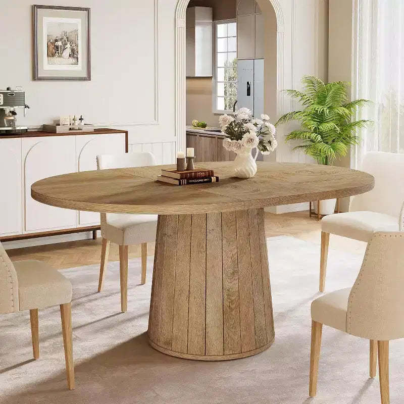 Lantine Oval Dining Table for 6 People, 55.11-Inch Farmhouse Kitchen Dinner Table with Cylindrical Pedestal (Light Brown)