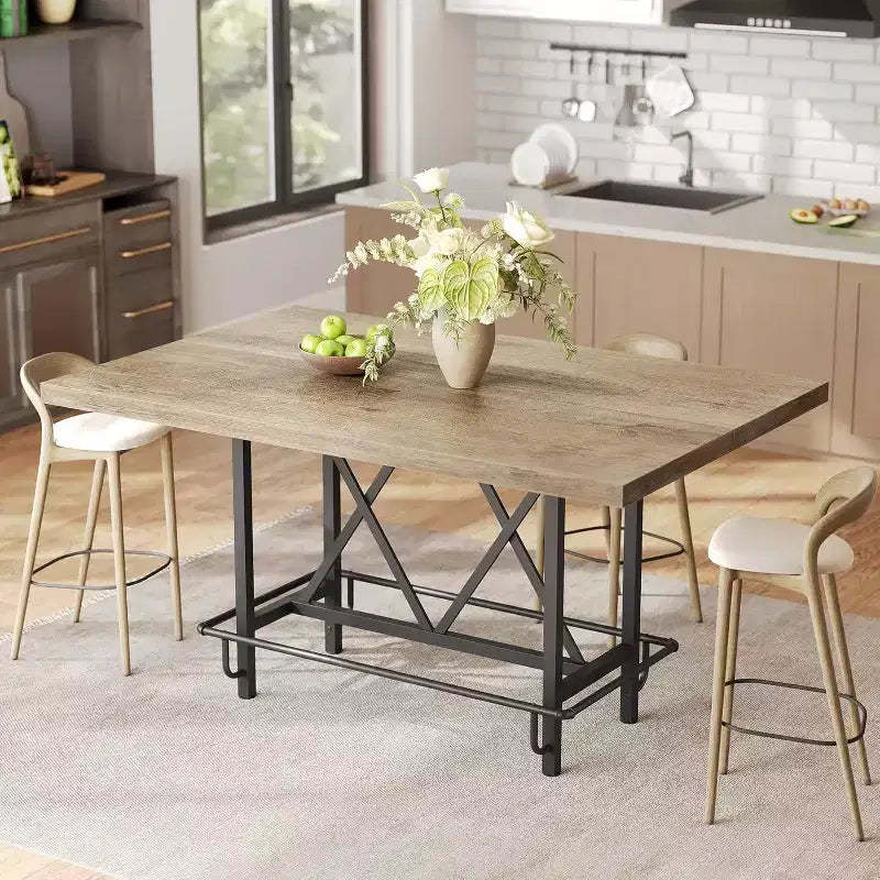 Lantine 63-Inch Industrial Bar Table with Metal Footrest, Counter Height Pub Table for Kitchen, Home Bar & Entertaining (Rustic Gray)