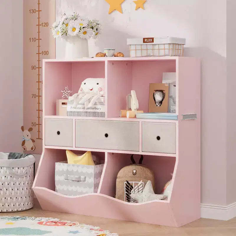 Toy Storage Organizer, 2 Set 7-Cubby Large Pink Kids Wood Bookcase with 3 Drawers, 3-Tier Toy Cabinet