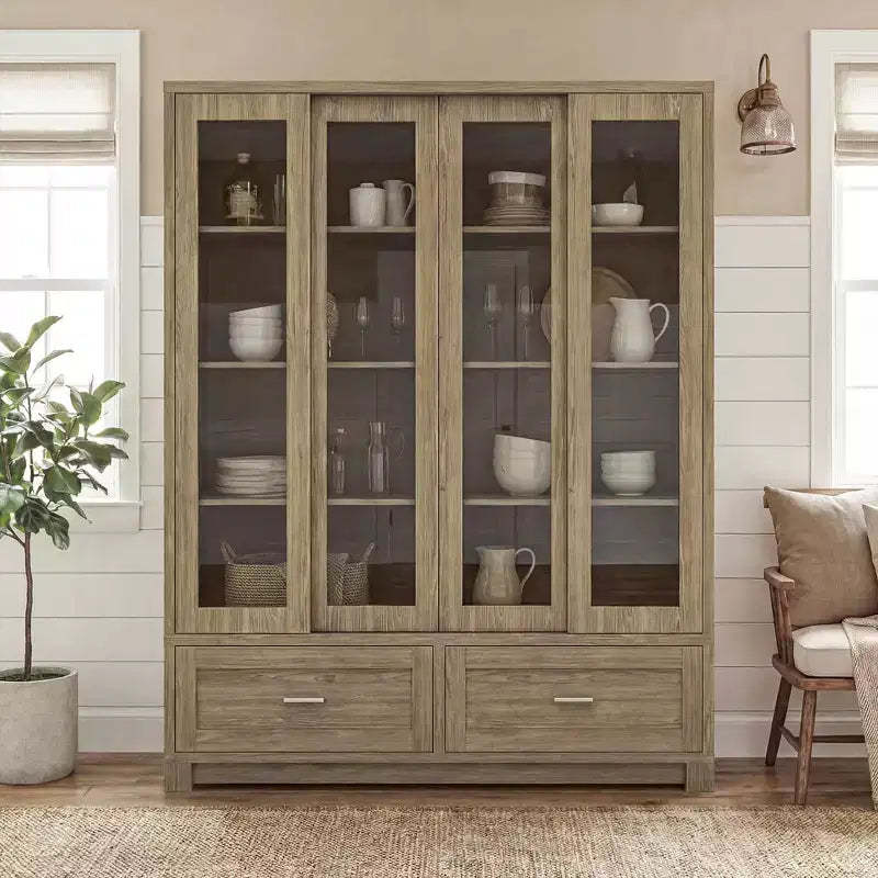 Hitow 63W Rustic Oak Kitchen Pantry Cabinet with Sliding Glass Doors & 2 Large Drawers  Tall Storage Hutch for Dining Room