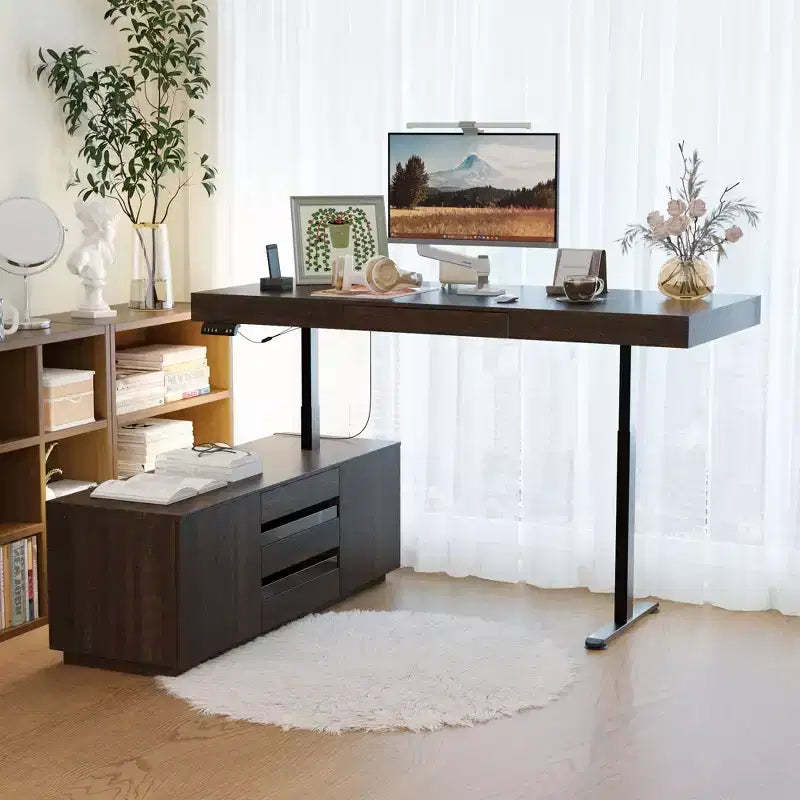 Hitow Dark Wood-Grain L-Shaped Standing Desk: Electric Height Adjustment + Storage Cabinet  Ergonomic Workstation for Home