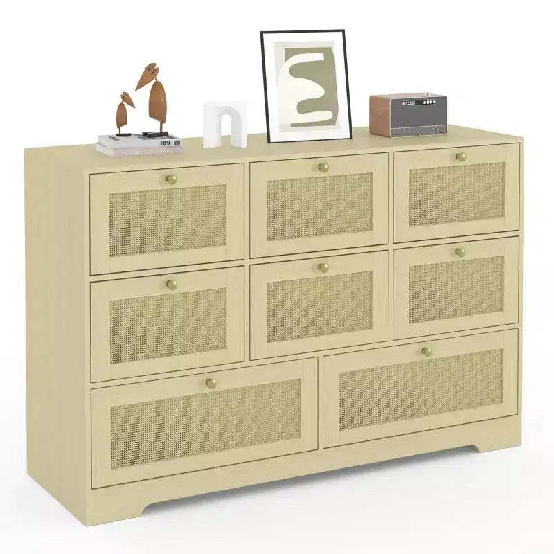 Modern Boho Rattan 6-Drawer Dresser, Wicker Chest of Drawers with Solid Wood Legs, Freestanding Organizer for Home Bedroom Living Room