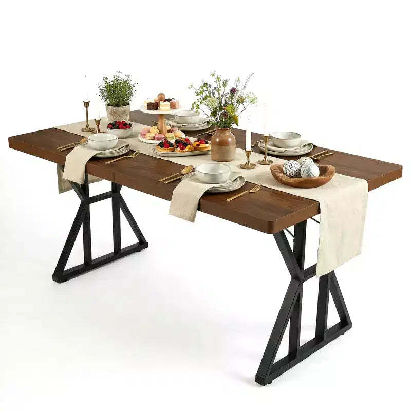 FurnitureR Industrial Dining Table with Wood Look Top and X-Shaped Metal Base, Fixed Size Rectangular Table for Dining Room or Kitchen