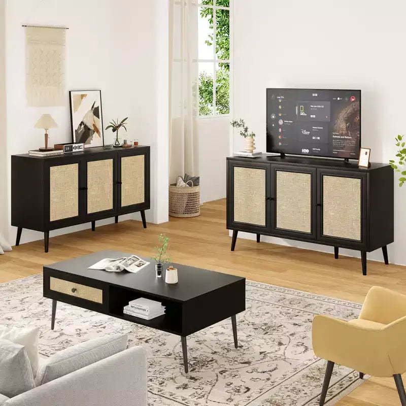 JVNOXK Sideboard Buffet Cabinet with 3 Rattan Doors,Modern Kitchen Storage Console Cabinet for Entryway Living Room (Small,Black)