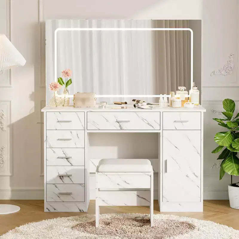 Makeup Vanity Desk with Mirror and Lights, 47W Dressing Table with 7 Drawers & Power Outlet, Vanity Desk Set with Stool for Bedroom, Marble White