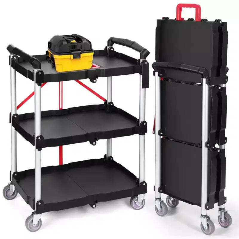 176LBS Folding Utility Cart with Wheels, Foldable Utility Service Cart, 3 Tier Collapsible Rolling Cart with 360Swivel Wheels, Portable Cart