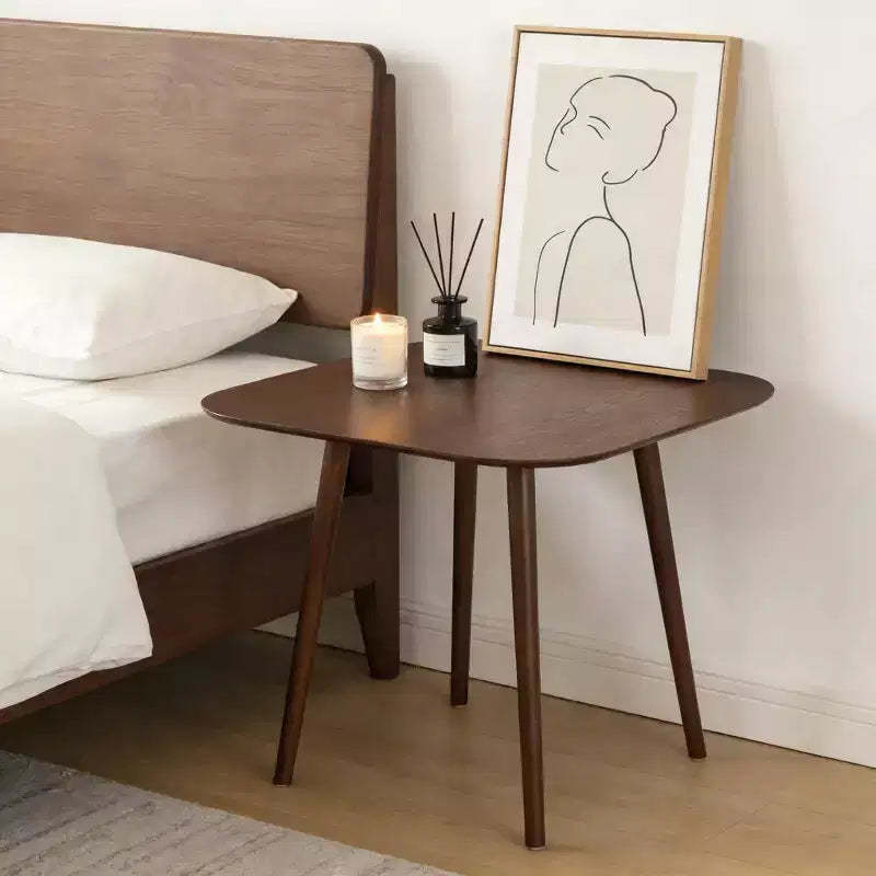 JVNOXK 35-inch square dining table, minimalist design with tapered outward-flared legs, perfect for family gatherings. Walnut