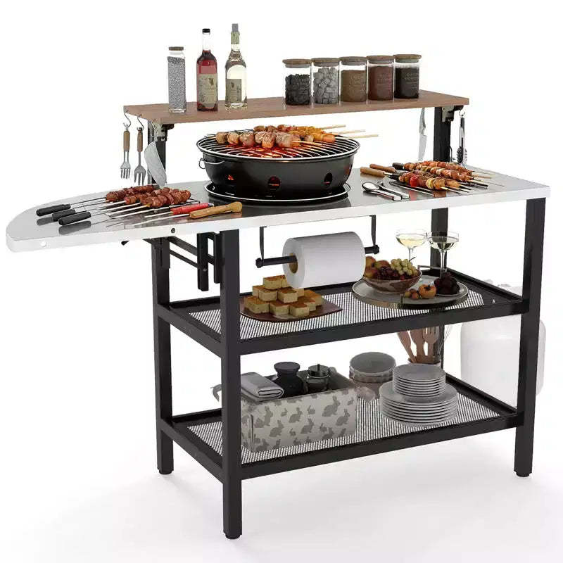 Gymax Patio Bar Table w/Flip-Up Top Foldable Side Table 2 Storage Shelves for Garden
