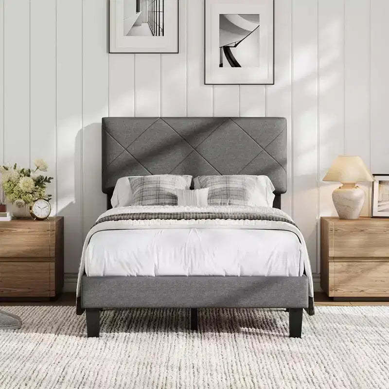 Bed Frame with Upholstered Headboard, Twin Platform Bedframe with Wooden Slats Support, Easy Assembly Mattress Foundation, No Box Spring Needed