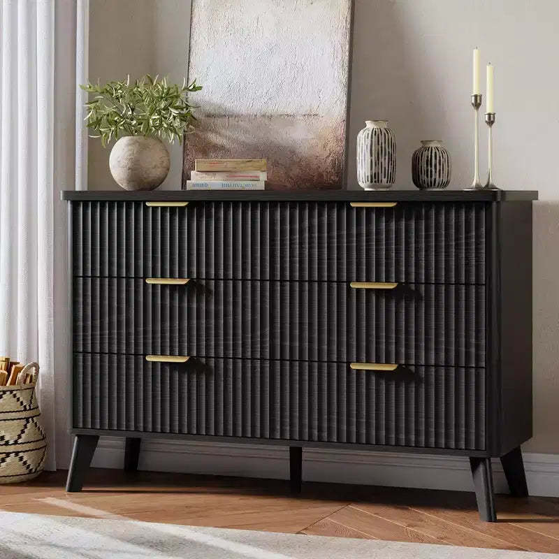Dresser for Bedroom with 6 Deep Drawers, Modern Chest of Drawers, Wooden Dresser TV Stand, Curved Profile Design, for Living Room, Hallway, Black