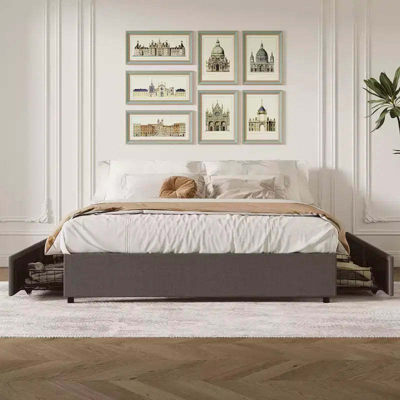 Coolmee King Size Bed Frame with 4 Storage Drawers, King Platform Bed with Linen Fabric Upholstered and Wooden Slats Support, No Box Spring Needed