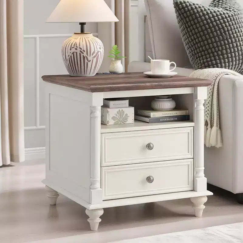 24 Farmhouse End Table with Charging Station, Square Nightstand with 4 Solid Wood Feet & 2 Drawers for Living Room, Bedroom