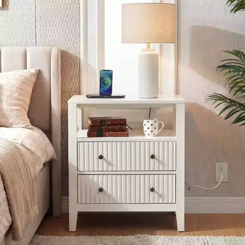 Fluted Nightstand with Charging Station