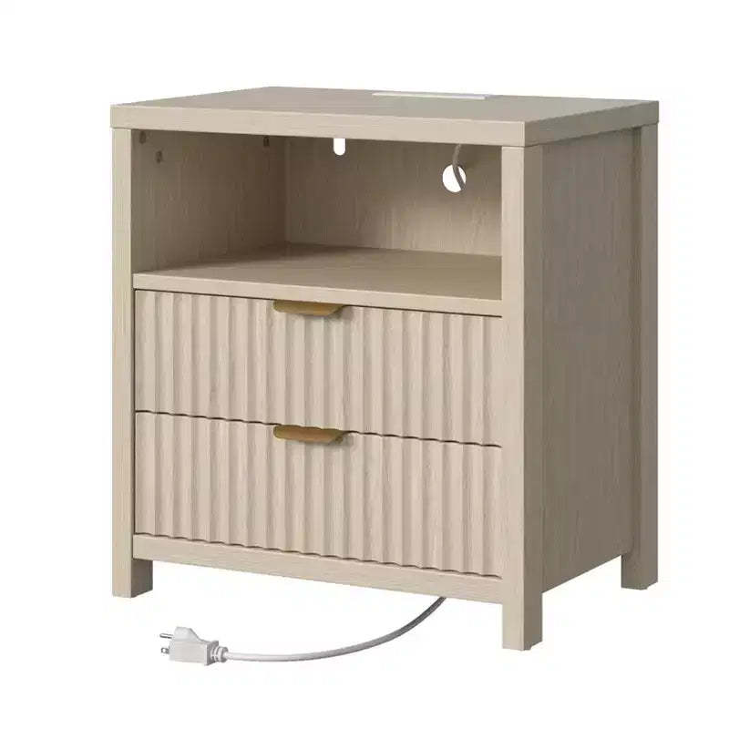 Fluted Nightstand with Charging Station 19.7 Inch Modern Bedside Table with 2 Wood Slide Drawers Open Shelf USB Ports Outlets Bedroom End Table White