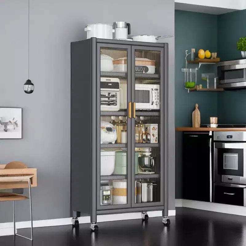Open Kitchen Storage Shelf, Multi-Level Microwave Cabinet, Dish & Side Cabinet, Grey