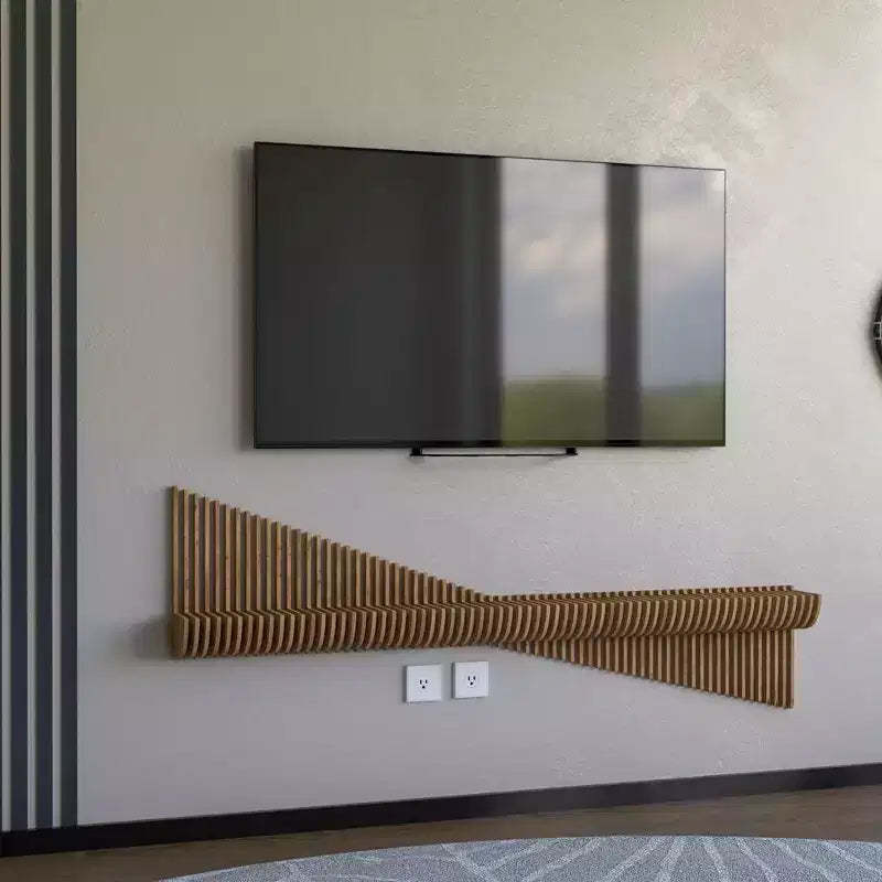 Wear Sierra BATAMEX Parametric 60 inch Floating Shelf TV Unit Modern Geometric Wooden Wall Piece Decor Natural Oak Color 3D Wavy Living Room Shelf