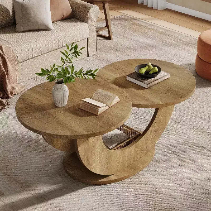 Lantine 46-inch Round Coffee Table, Modern Living Room Coffee Table with Funky U-Shaped Frame, Low Accent Center Tea Table for Home, Apartment, Oak