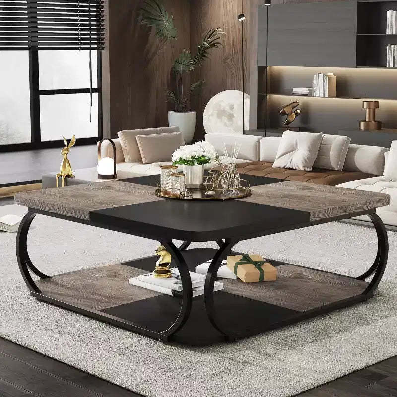 Lantine 39-Inch Coffee Table with Open Storage Shelf, Large Wood Square Low Center Table for Living Room, Home Office, Black Rustic Grey