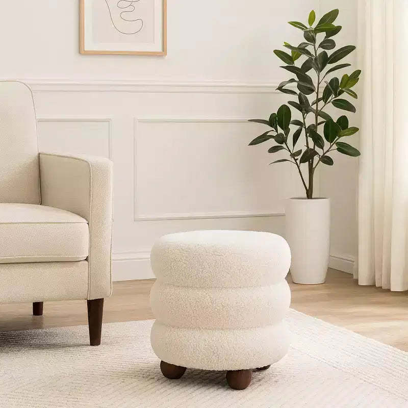 Decorative Ribbed Textured Ottoman with Ball Feet - Modern Home Decor Accent Vanity Chair, Bedroom, and Living Room Furniture - 18, Ivory