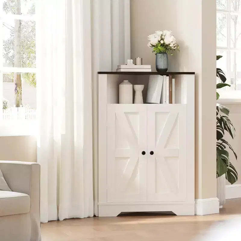 38.2 Tall Farmhouse Corner Cabinet with 2 Barn Doors,Farmhouse Storage Cabinet,3 Storage Shelves Space Saver for Living Room, Kitchen, Laundry Room
