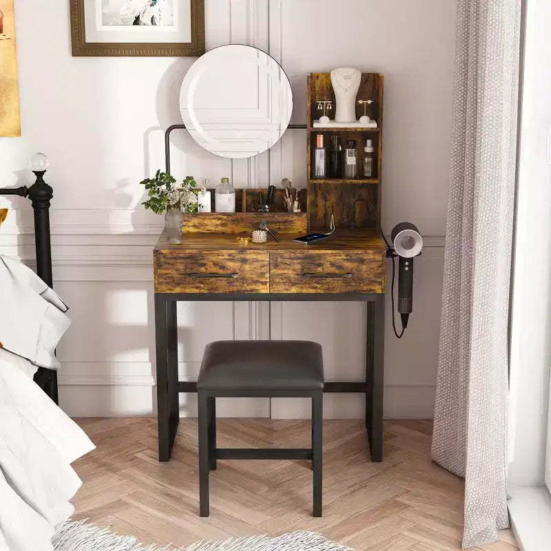 Vanity Desk with LED Lights, Power Outlet & 2 Drawers, Metal Legs, Brown