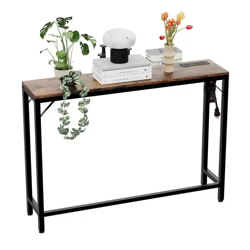Slim Narrow Console Table with Charging Station, Power Outlets & USB Ports, Metal & MDF Entryway Table with Storage for Living Room & Hallway
