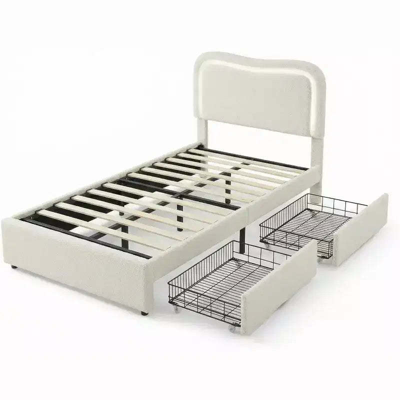 Boucle Bed Frame with 2 Storage Drawers, LED Headboard, Upholstered Platform Bed, No Box Spring Needed