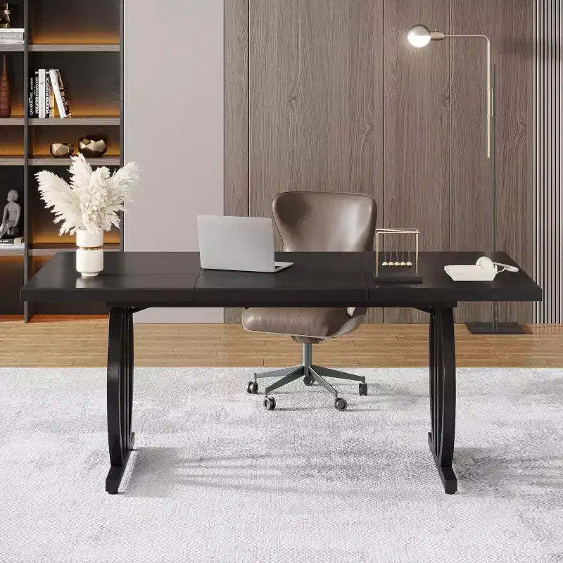 Lantine 63-Inch Computer Desk, Modern Executive Office Desk with Metal Frame for Home Office, Study Writing Table, Light Black