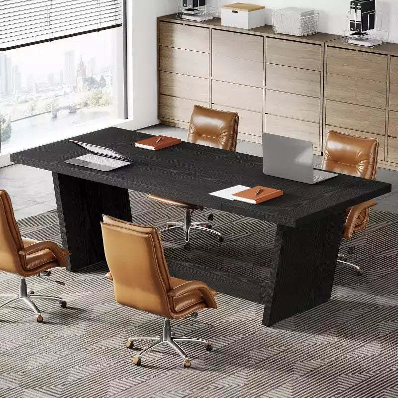 Lantine 6 FT Rectangular Conference Table, 71 Executive Desk for 6-8, Wooden Office Boardroom Table with Heavy-Duty Pedestal Base, Black