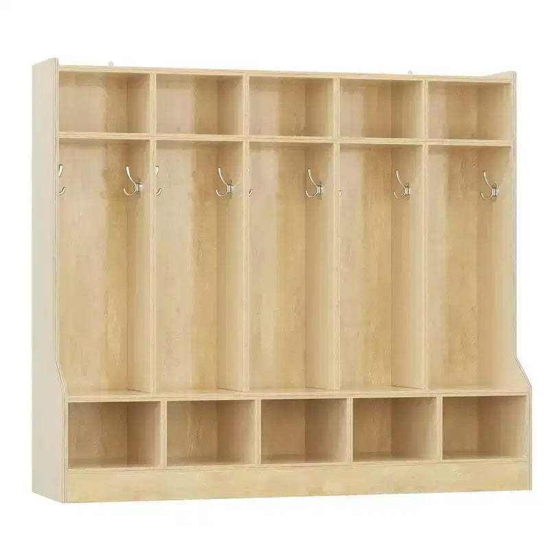 Kids Coat Locker with Bench for Classroom, Smooth Wood Surface 10 Cubbies, Daycare Cubby with 4 Hidden Casters & 10 Hooks, Cubby Storage Organizer