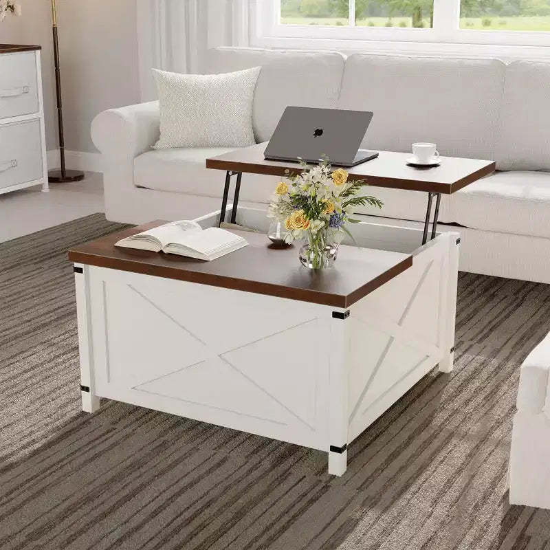 Farmhouse Lift-Top Coffee Table - Brown Square with Hidden Storage, Rustic Industrial Design for Living Room/Home Office/Small Spaces