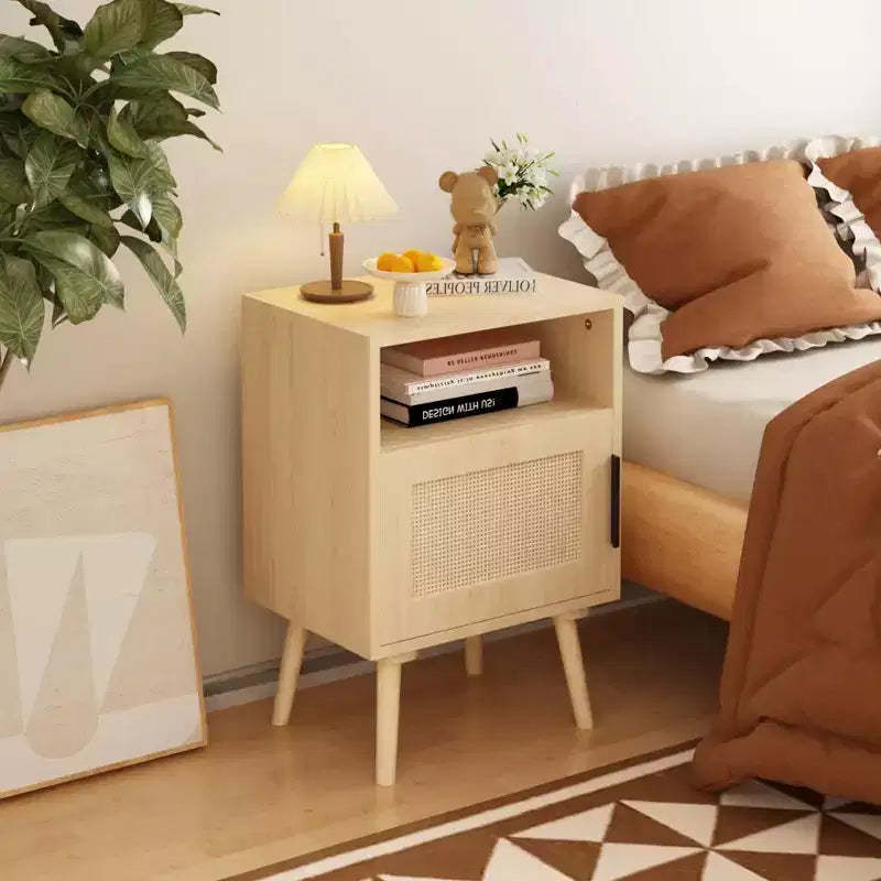 Rattan Nightstand Wood Nightstand End Table Accent Bedside Side Table with Open Shelf, Modern & Natural Aesthetic-ModernLuxe