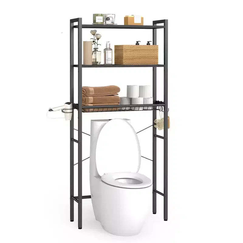 VASAGLE Over the Toilet Storage, Over Toilet Bathroom Organizer with Adjustable Shelves and Basket, Hair Dryer Holder, 3 Hooks