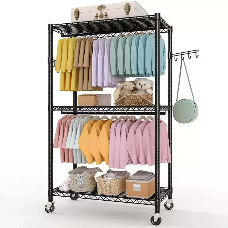Rolling Clothes Rack, 75.6H Heavy Duty Metal Garment Rack with Wheels, 1 Hanger Rod, Adjustable Shelves & Side Hooks, Portable Clothes Wire Rack