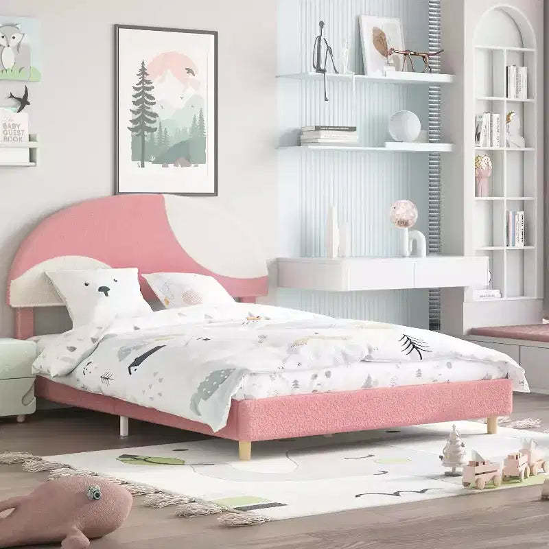 Kids Bed Frame with Upholstered Headboard,Arch-Shaped Design,Cute Princess Platform Bed for Girls/Boys, Wood Slats Support