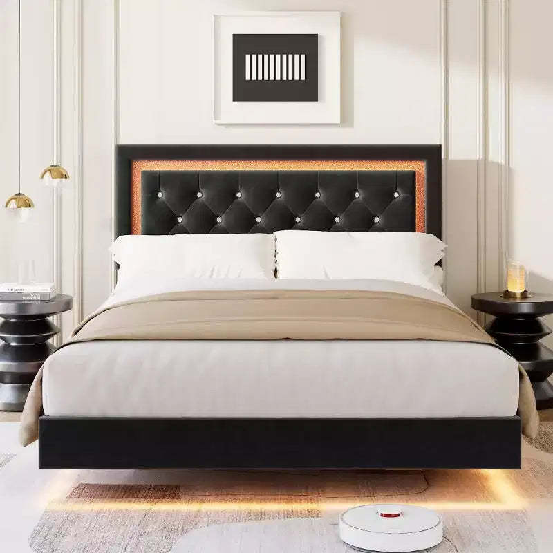 Floating Bed Frame with Smart LED Lights, Upholstered Diamond Headboard, No Box Spring Needed